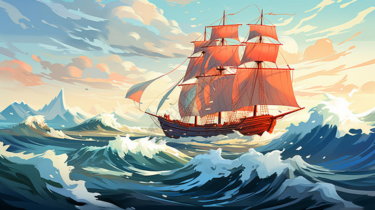 航海船舶海浪中的帆船插画