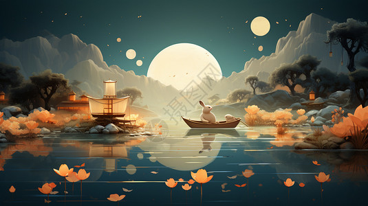 月亮下兔子撑船插画