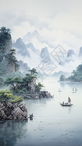 中国海岸线传统山水水墨画插画
