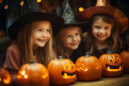 小女孩万圣节女巫打扮拿着南瓜灯南瓜灯和女孩设计图片
