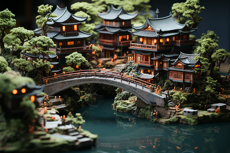 江南流水背景墙小桥流水古代建筑模型设计图片