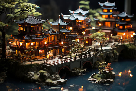 古代建筑夜景江南水乡夜晚美丽的模型图设计图片