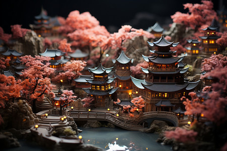 中国宏伟建筑美丽的古代园林景观模型设计图片
