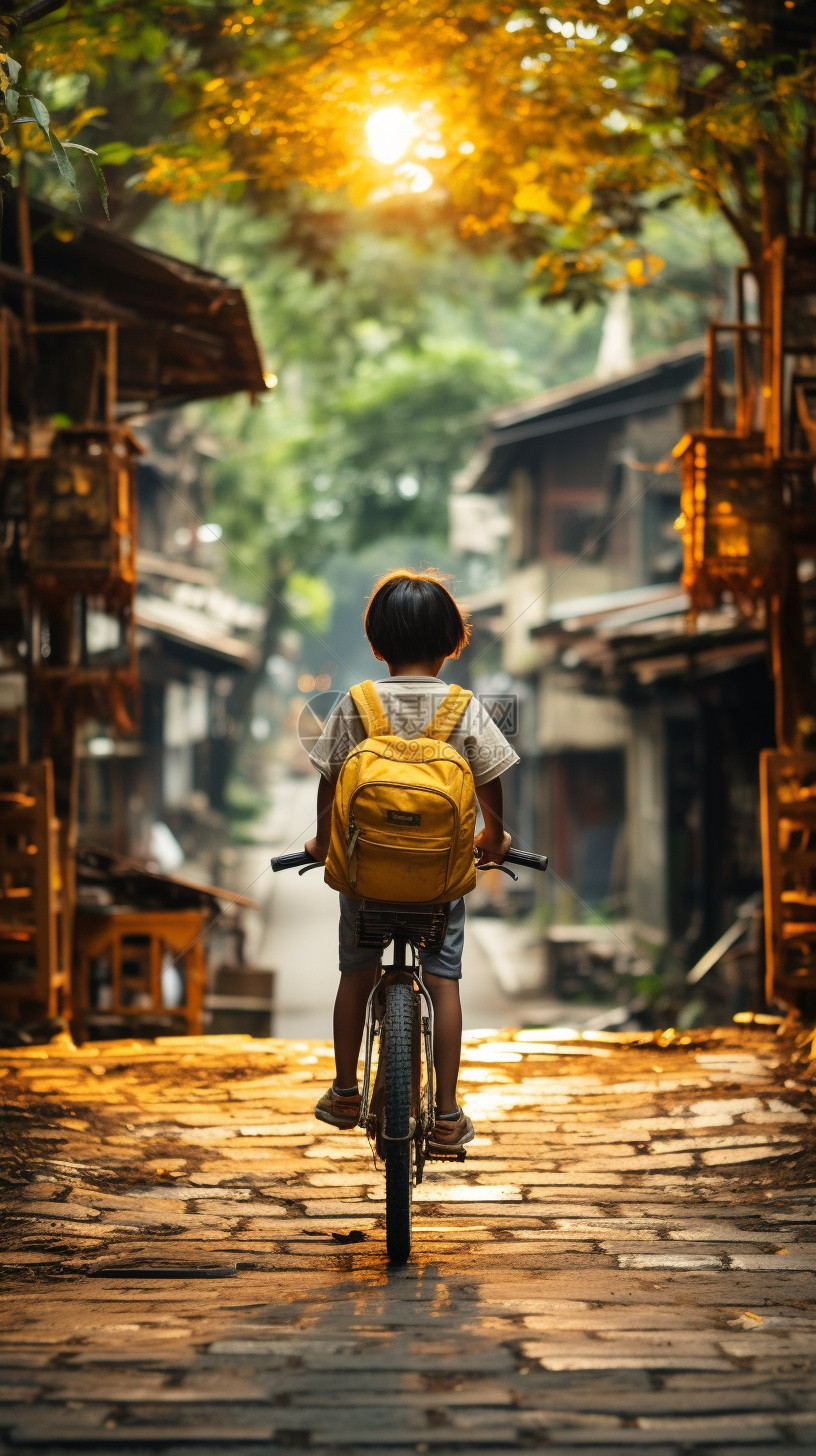 古镇街道中骑自行车的男孩图片