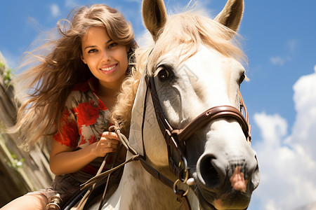 女孩与马水墨画少女与马背景