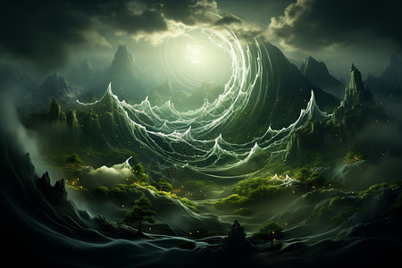 汉拿山奇怪绚烂的绿色波浪与3D景观插画