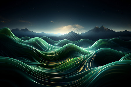 3d海浪浩瀚的夜空中泛着光的绿浪插画