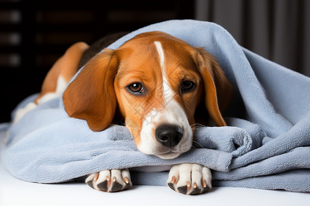 盖着毯子休息的宠物狗图片