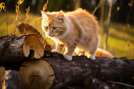 木头上的猫木头上有一只黄色的可爱小猫背景