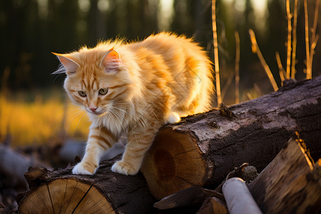 木头上的猫木头上有一只猫背景