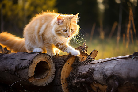 小猫在木头上高清图片