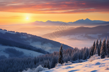 冬季山脉的日出图片