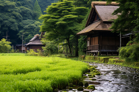 日式木屋乡村的稻田和木屋背景