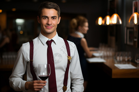 红酒店标素材葡萄酒店服务员背景