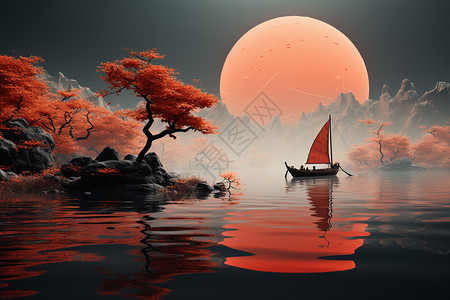 红色小船有意境的湖上美景设计图片