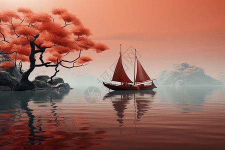 屈斜路湖树木游荡在湖面上的船设计图片
