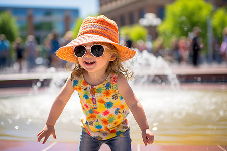 广场水池玩耍的小女孩背景图片
