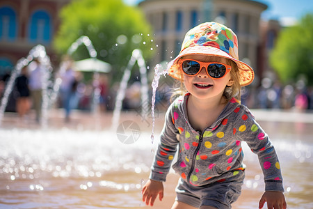 夏日水池中玩耍的女孩背景图片