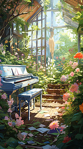 开满鲜花的钢琴房图片