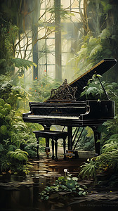 茂盛树林生机勃勃的钢琴房插画插画