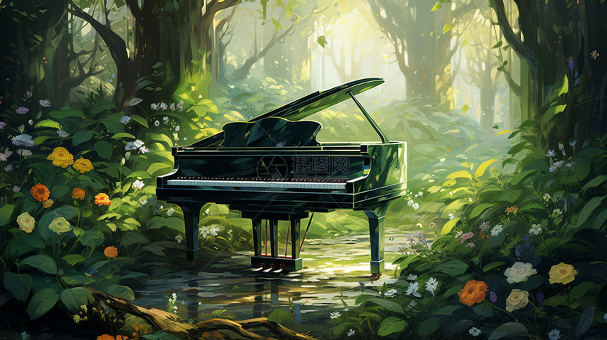 夏季树林中的钢琴图片