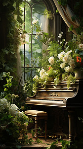 开满绿植的钢琴房插画