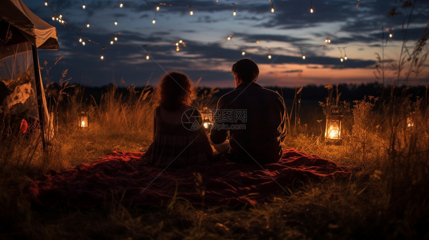 草原上露营的年轻情侣图片