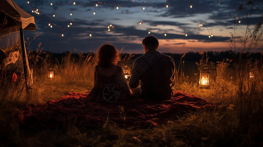 傍晚星空草原上露营的年轻情侣背景