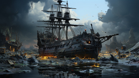 战争碎片装饰旧时期的战船插画