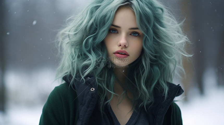 绿色头发的年轻女子图片