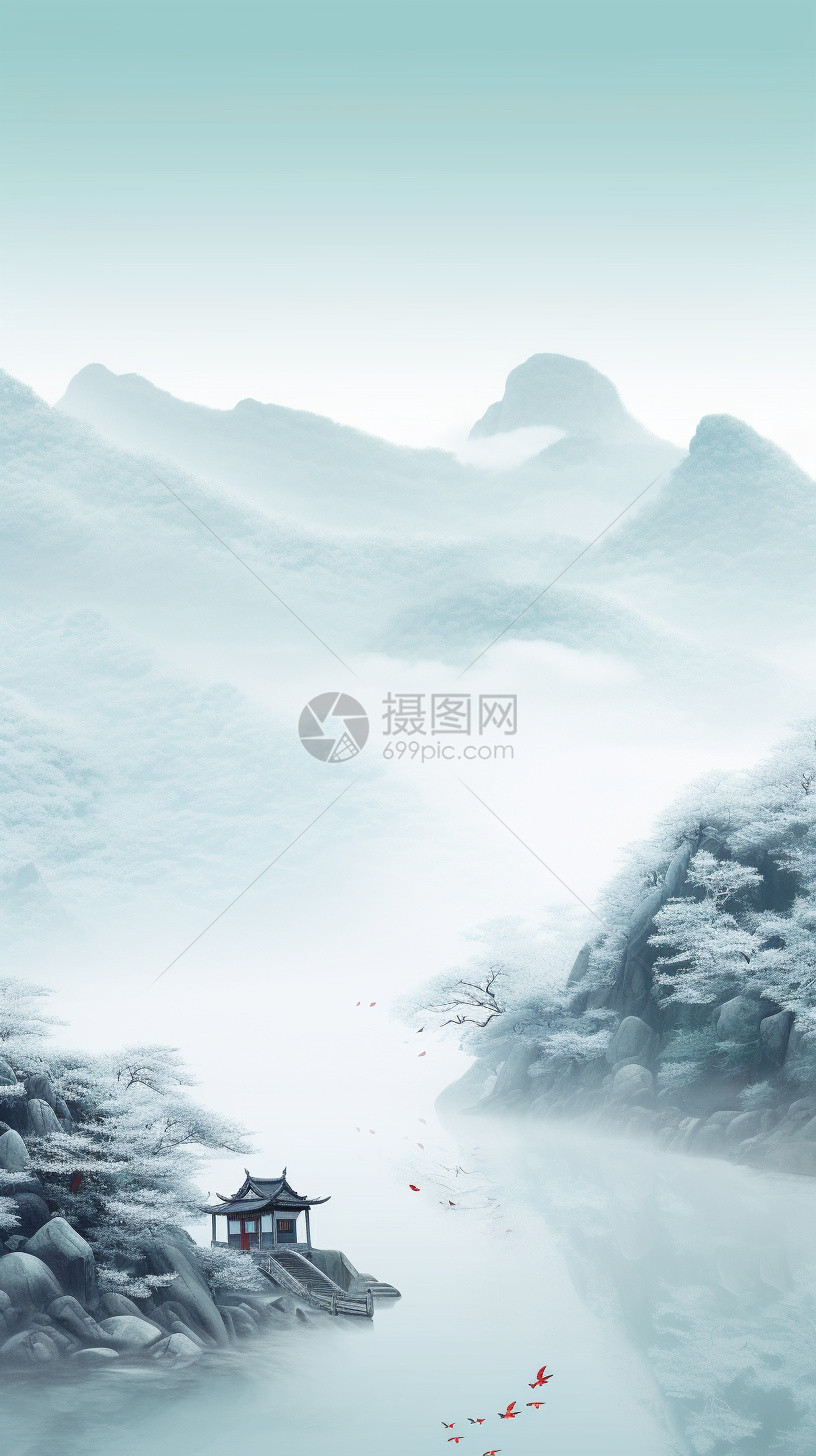 创意艺术的雪山风景水墨画图片