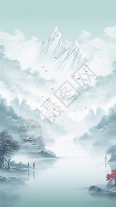 冬季雪山风景的水墨画高清图片