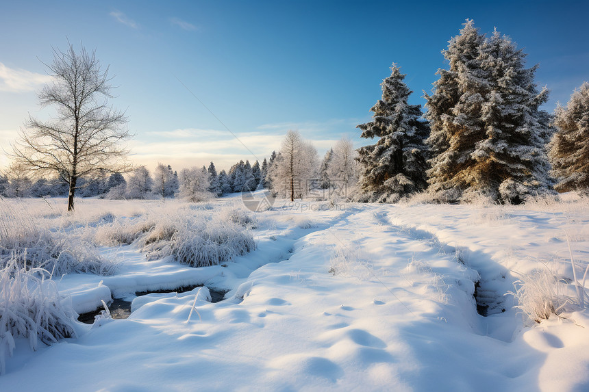 白雪覆盖的冬季森林景观图片