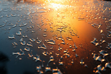 日出时透明玻璃滴落的水珠高清图片