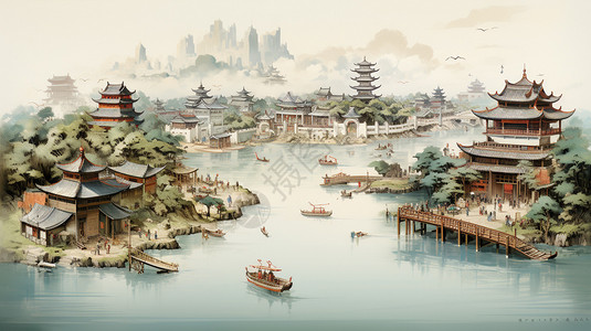 中国风建筑手绘背景图片