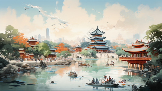 观赏花园中国风景观手绘插图插画