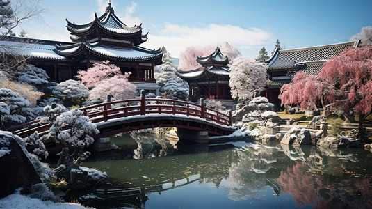 观赏花园美丽的中国园林建筑插画