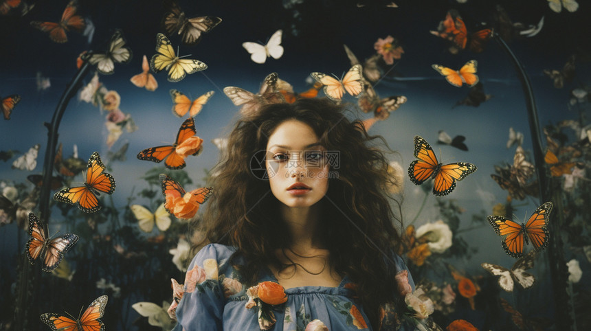 被蝴蝶包围的女孩图片
