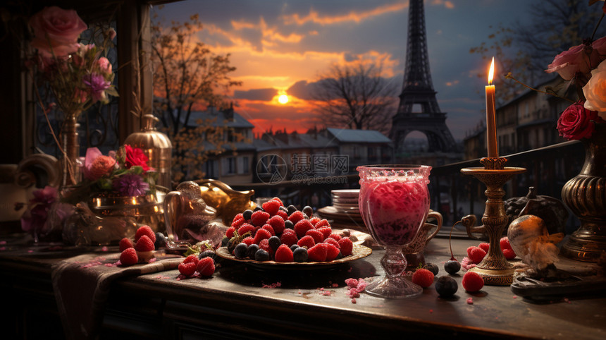 巴黎黄昏下的晚餐图片