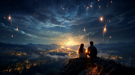 梦幻星空下山顶的情侣背景图片
