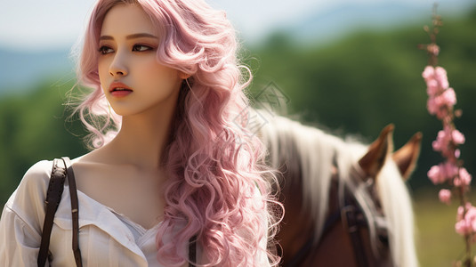 牵马的粉色头发女子背景图片