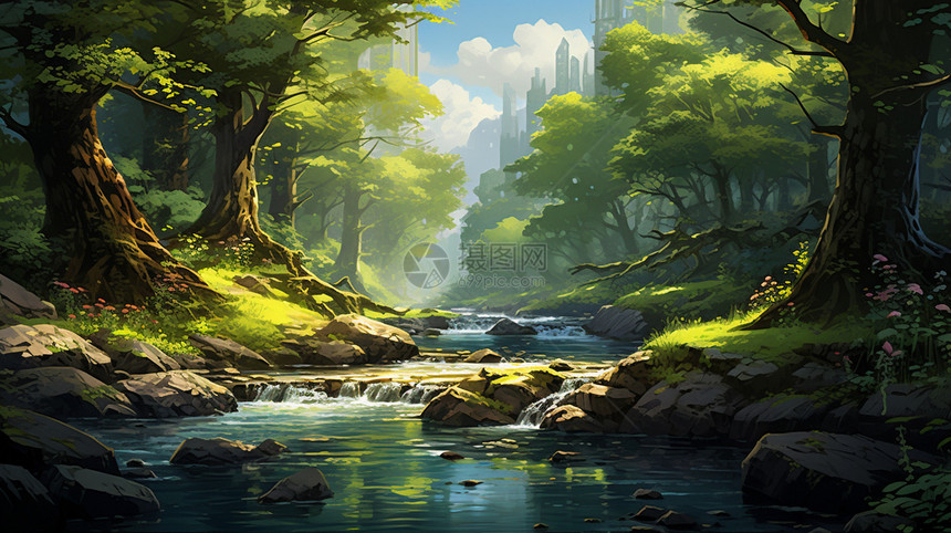 夏季绿色森林河流景观插图图片