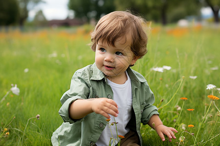 公园草地上玩耍的小男孩图片