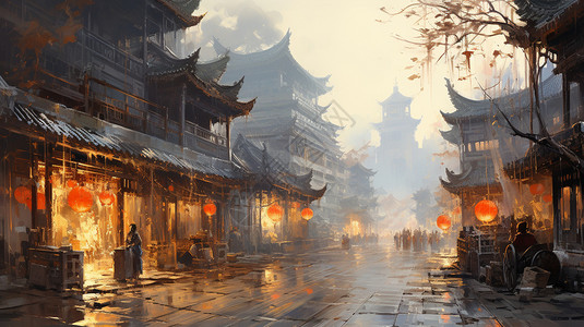 中式古镇街头景观插图图片