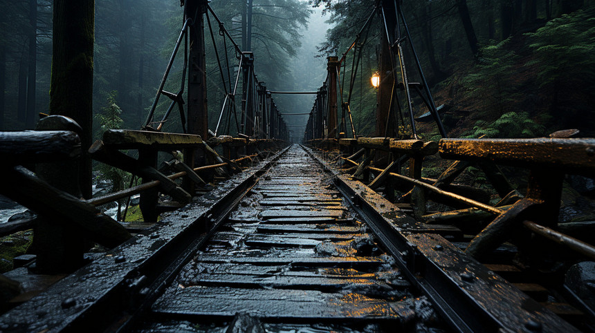 山谷树林中的火车轨道图片