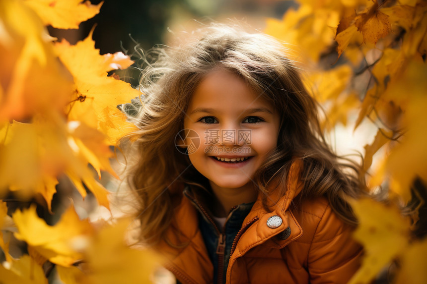 秋天森林中的小女孩图片