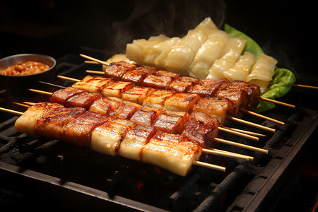 传统特色美食的炭烤鸡肉串图片