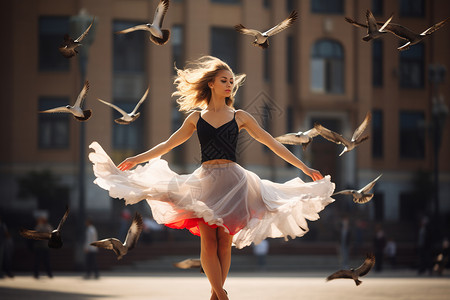 看信鸽子素材广场上自信跳舞的芭蕾舞演员背景