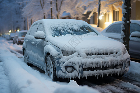 冬天雪花覆盖的汽车图片