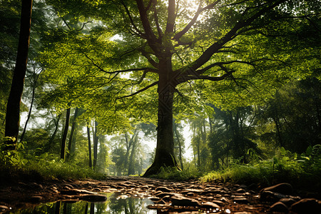 阳光明媚的森林景观图片